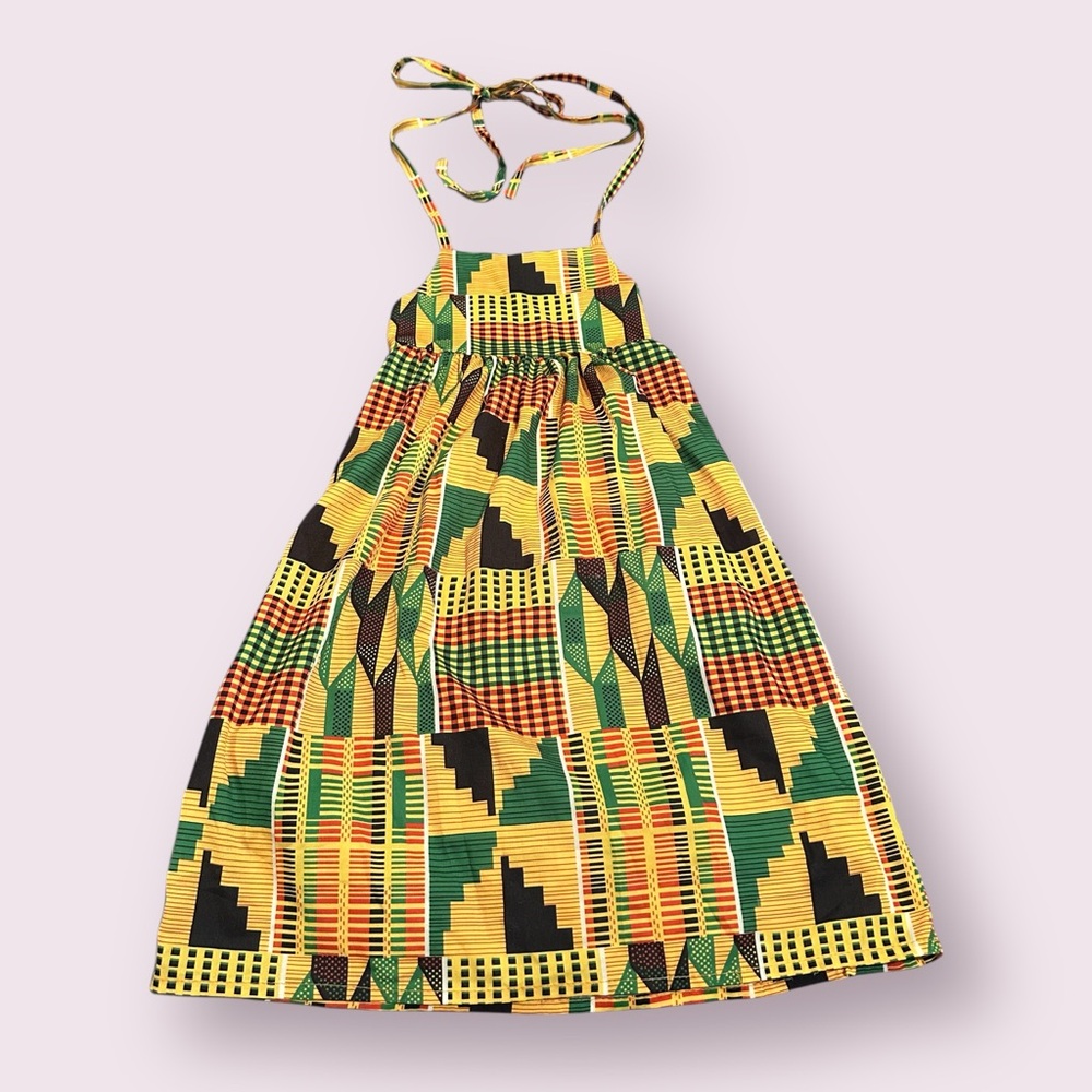 Girls Colorful African Print Dress With Tie Straps Yellow Green Black Red